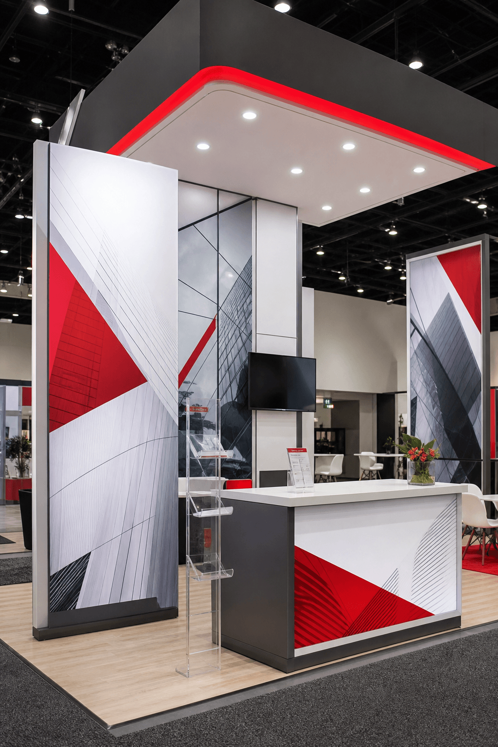 Exhibition booth with printed panels and branded display materials