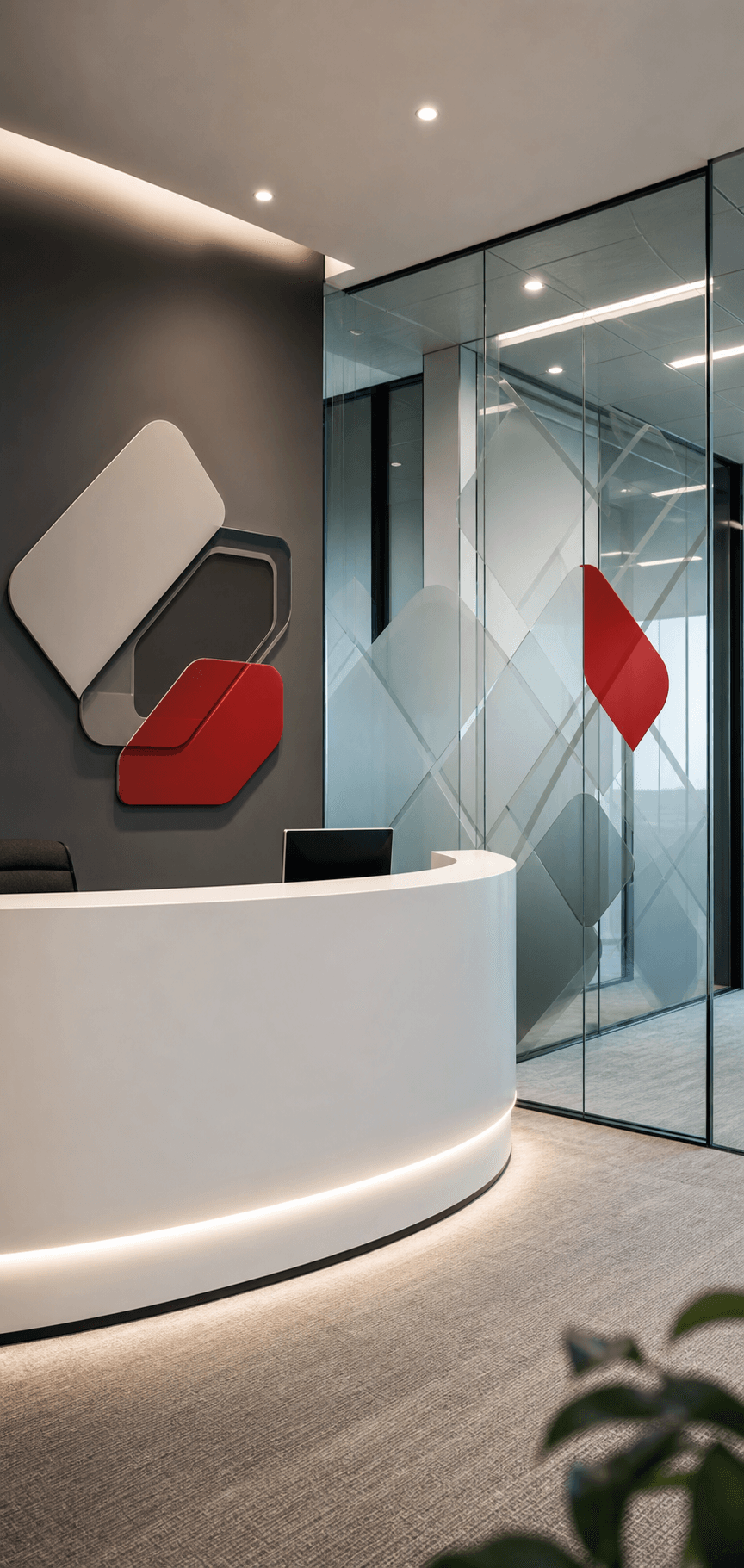 Commercial interior featuring branded wall and glass graphics