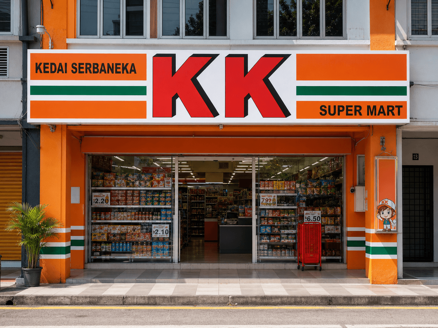 KK Super Mart-style convenience store signboard produced with weather-resistant signage materials