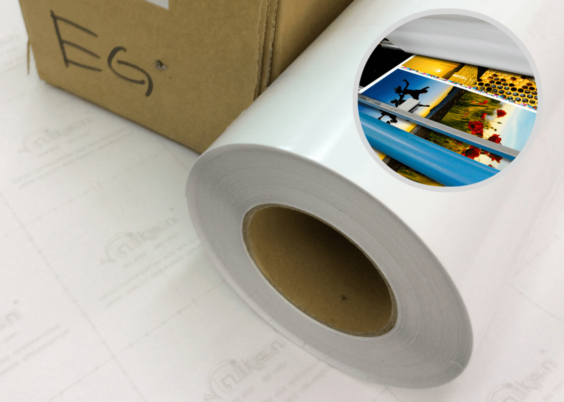 Roll of white inkjet media with printed sample material from the original Niken catalogue